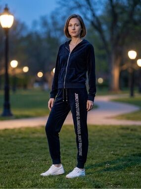 Vintage Y2K Juicy Couture Navy Velour Zip Hoodie Joggers Tracksuit Sz L fits S